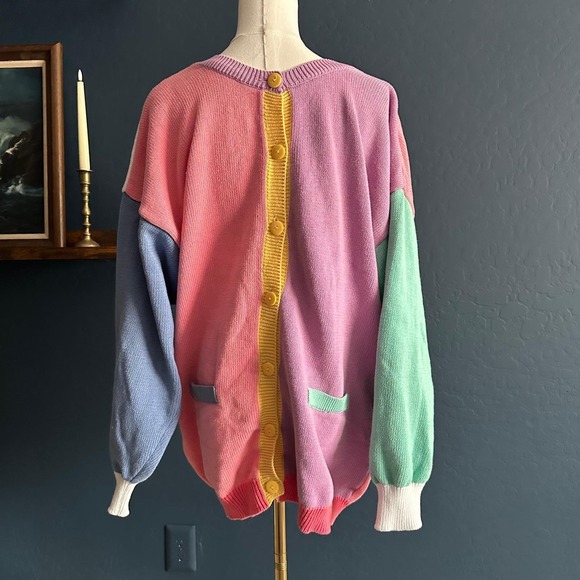 Birds of Paradise Oversized Pastel Colorblock Polka Dot Cardigan Knit Sweater XL - Picture 3 of 8